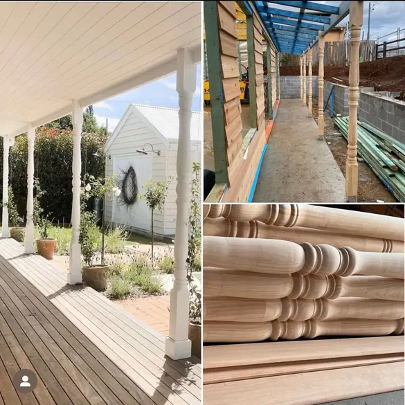 Turned timber verandah post, on a verandah, turned posts on site + detail