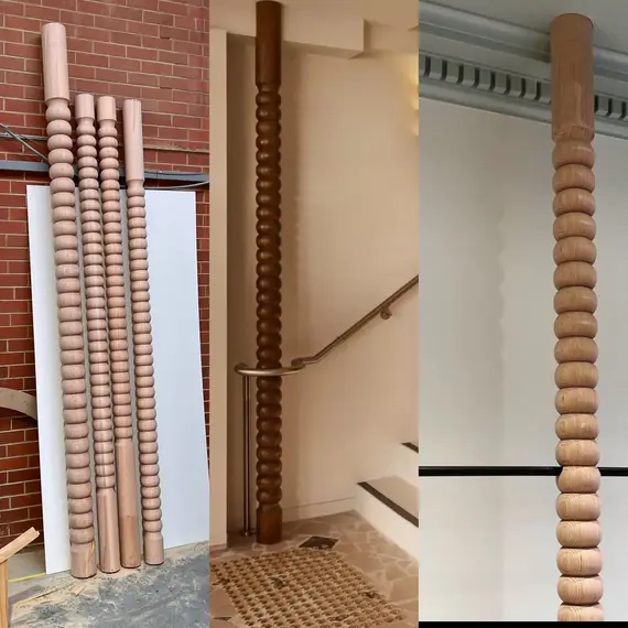 Turned bobbin posts, in the workshop and installed beside a stair