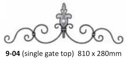 Wrought iron single gate top, scrolls either side of a central spear, on a plate