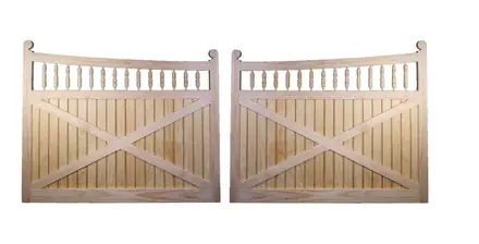 Hawthorn timber gate pair, braced boarding under a spindle top, on white