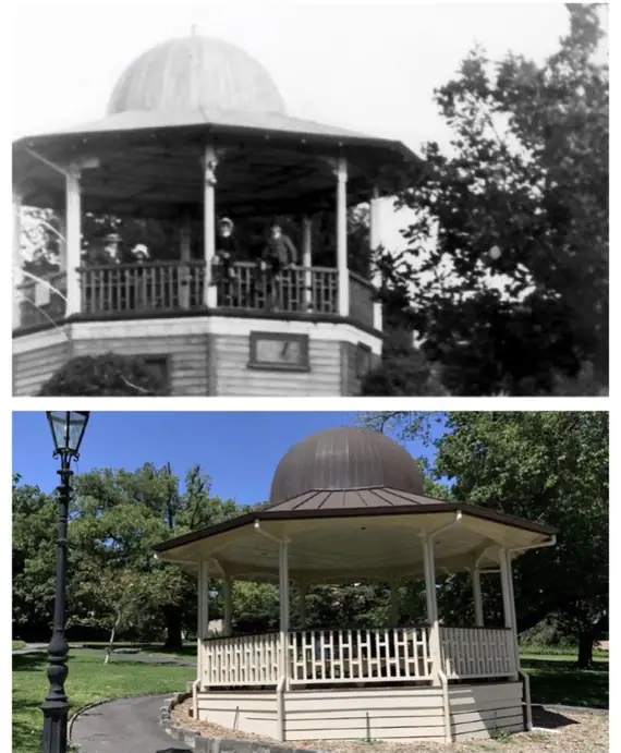 Timber rotunda - the original in an archive photograph above the restored rotunda