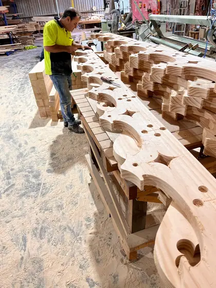 Made-to-order timber joinery - run of machined components on the workshop bench