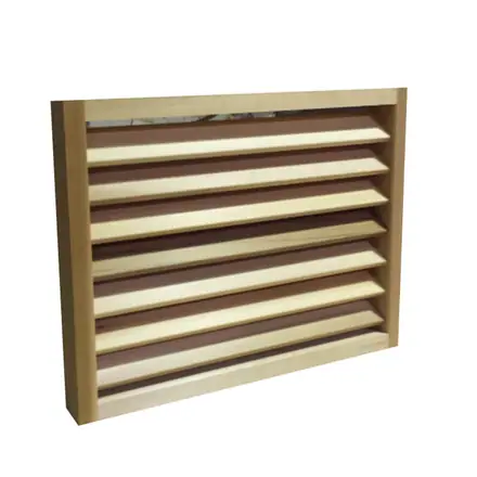Framed timber louvre vent panel angled to show its depth, against white