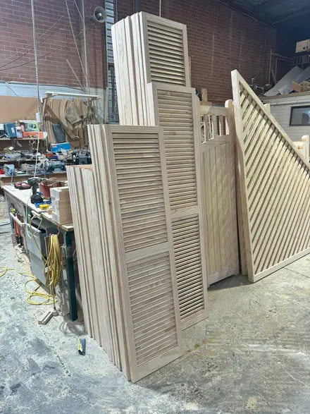 Timber louvre panel, in the Heritage workshop, louvre panels in the workshop