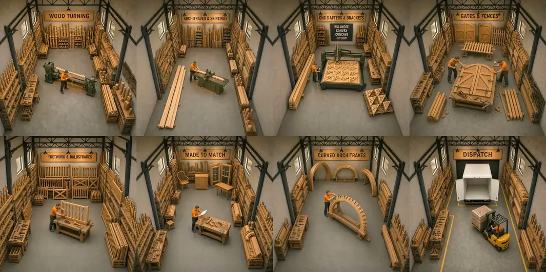 Illustration: eight workshop bays side by side, each with a painted board over it - wood turning, architraves and skirtings, CNC rafters and brackets, gates and fences, fretwork and balustrades, made to match, curved architraves, and dispatch. A drawing of what Heritage makes, not a photograph of the building.