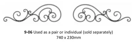 Wrought iron scroll pair for a gate, offered as a pair or singly, catalogue plate