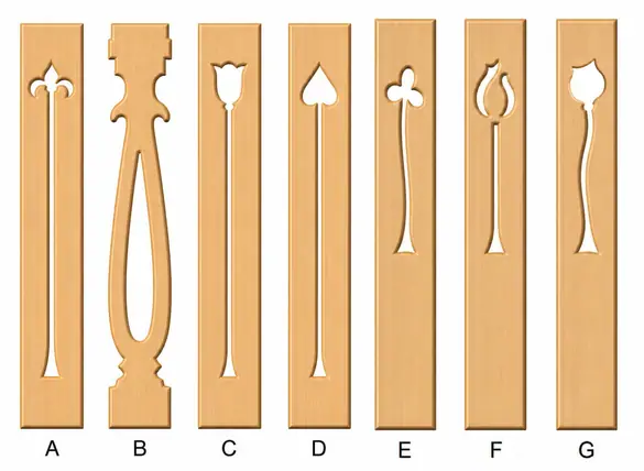 Optional balustrade motif inserts, seven baluster patterns labelled A to G