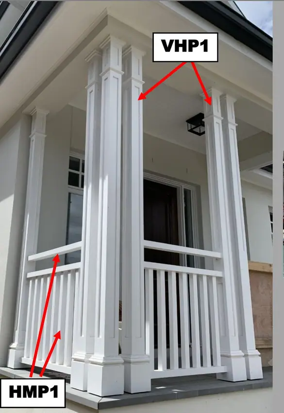 Labelled porch photo, posts marked VHP1 and slatted balustrade marked HMP1