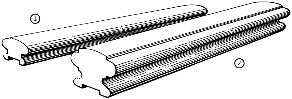 Sectioned drawing of the HR1 and HR2 timber handrails side by side, numbered one and two