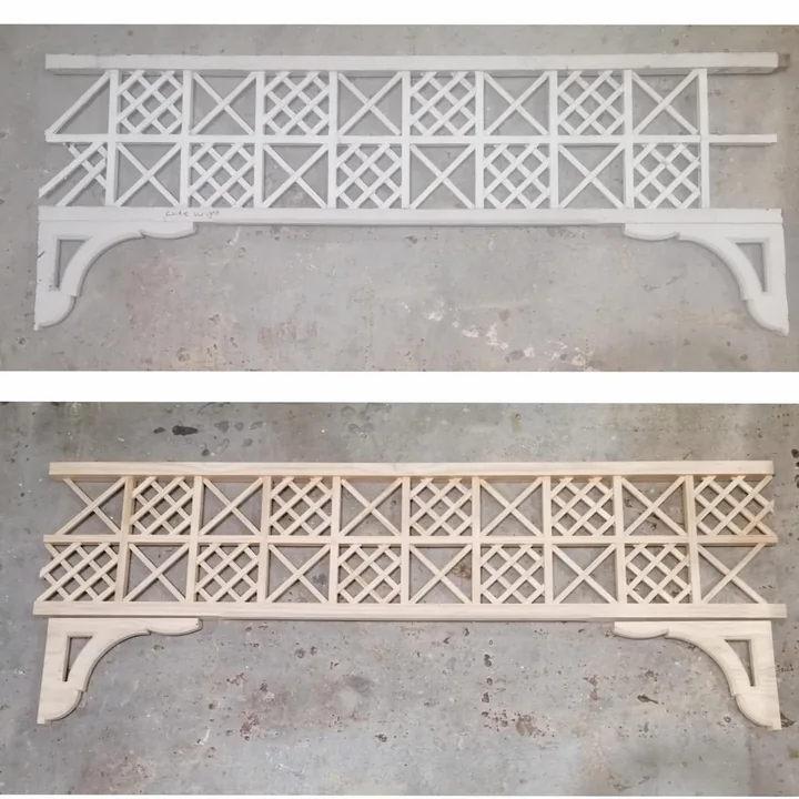 Painted fretwork and corner brackets above newly made matching timber pieces
