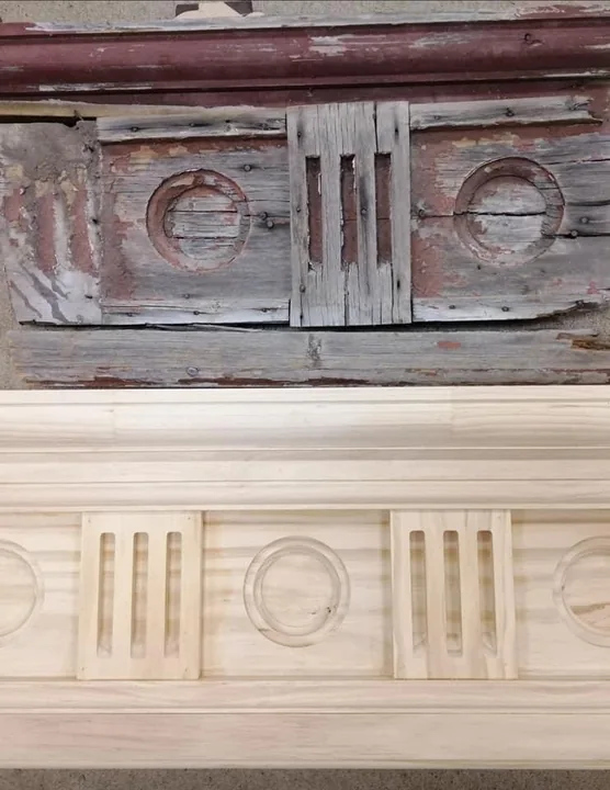 Weathered circular and slotted timber detail above its new timber reproduction