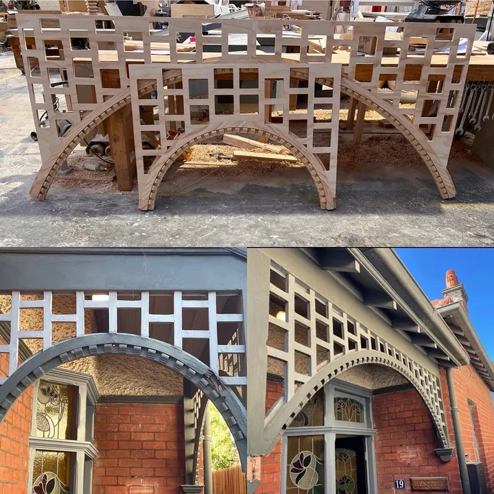 New geometric arched fretwork in the workshop with photographs of matching building details
