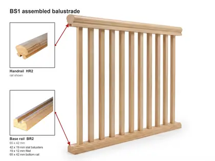 Assembled BS1 balustrade design diagram with handrail and base rail details. Trade code BS165ASS.