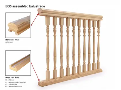 Assembled BS5 balustrade design diagram with handrail and base rail details. Trade code BS565ASS.