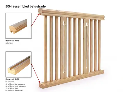 Assembled BS4 balustrade design diagram with handrail and base rail details. Trade code BS465ASS.