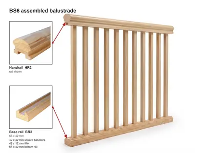 Assembled BS6 balustrade design diagram with handrail and base rail details. Trade code BS665ASS.