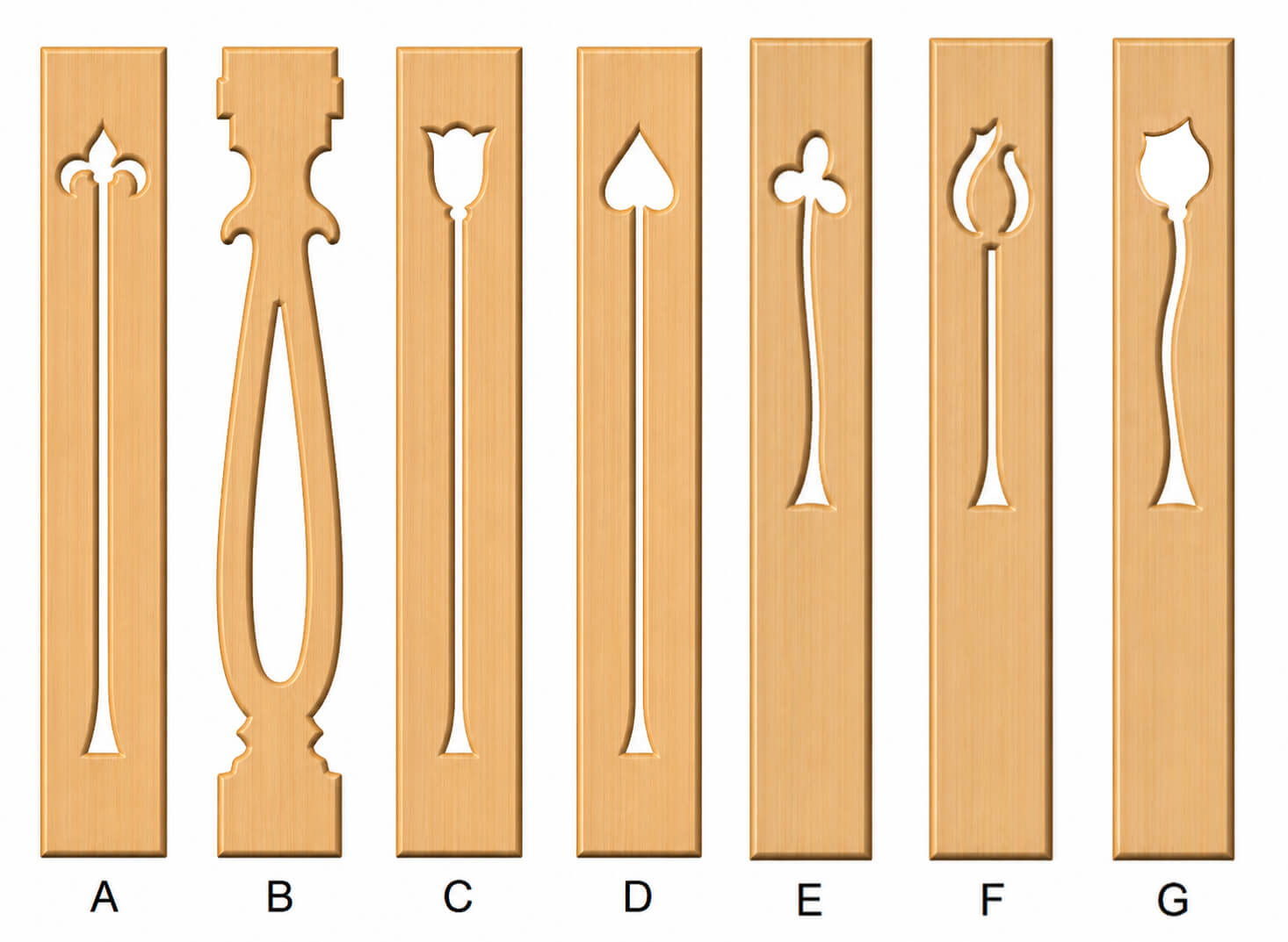 The seven optional motif inserts for a balustrade panel, labelled A to G