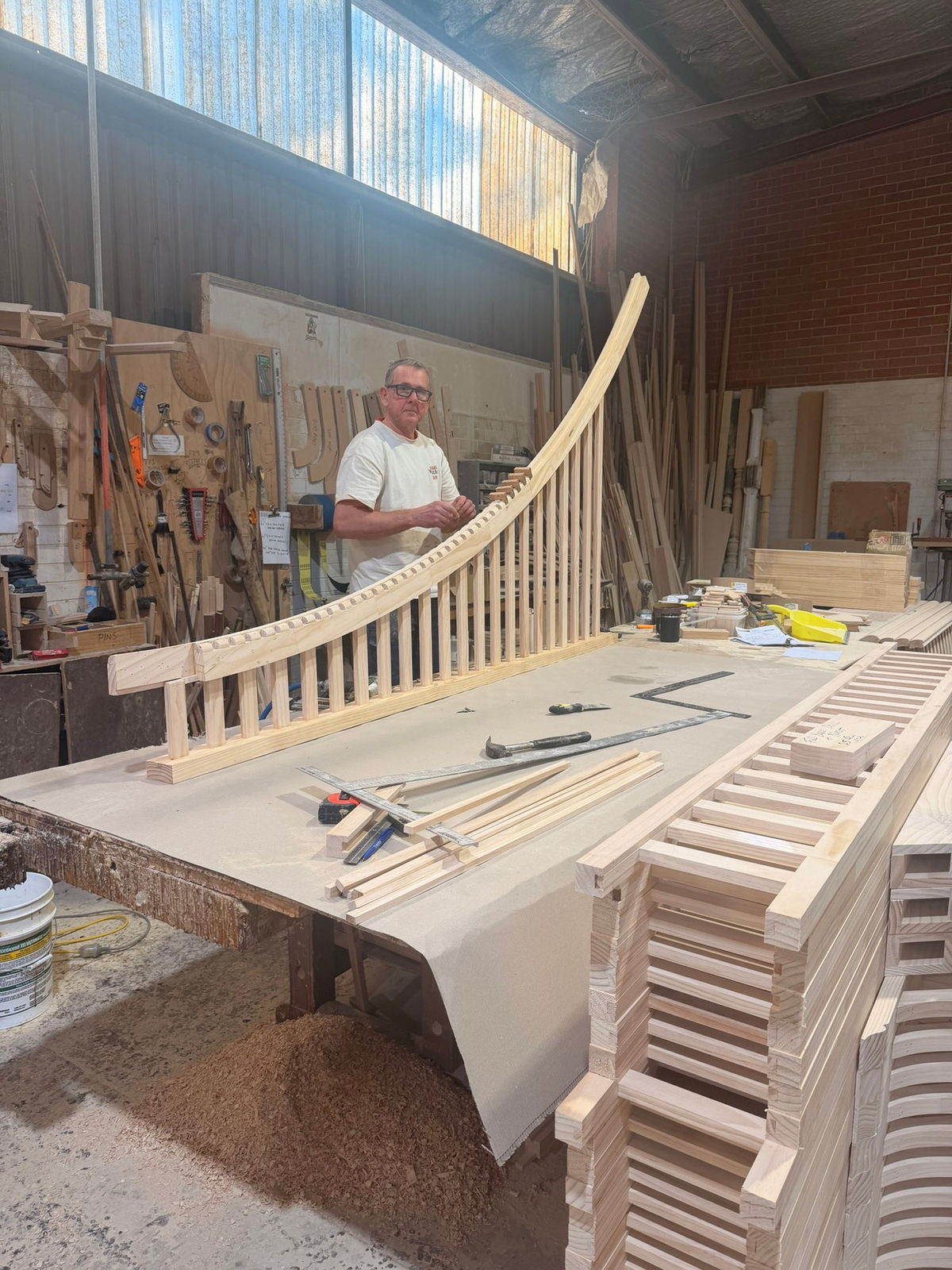 Timber balustrade assembly, in the Heritage workshop, curved balustrade assembly