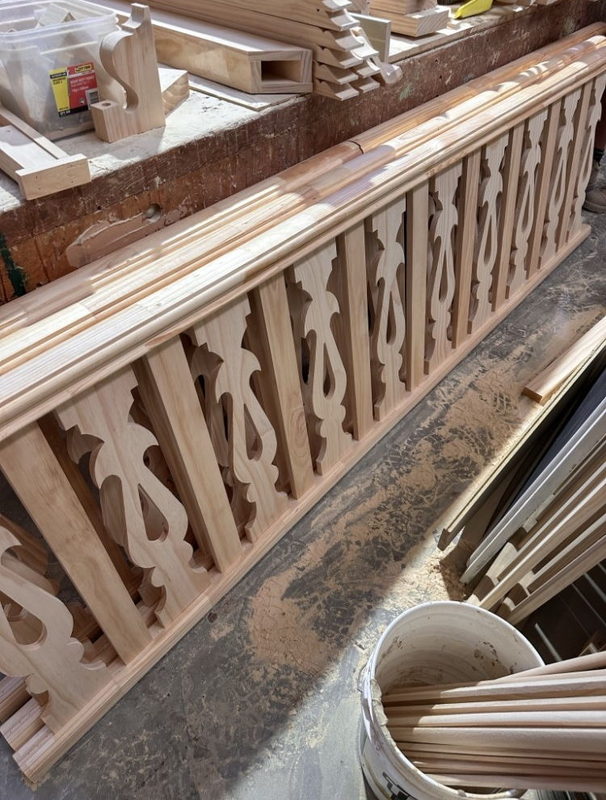 Timber balustrade being assembled in the workshop