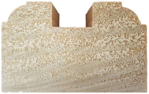 Grooved rail section with a rounded top, sawn end shown in close-up