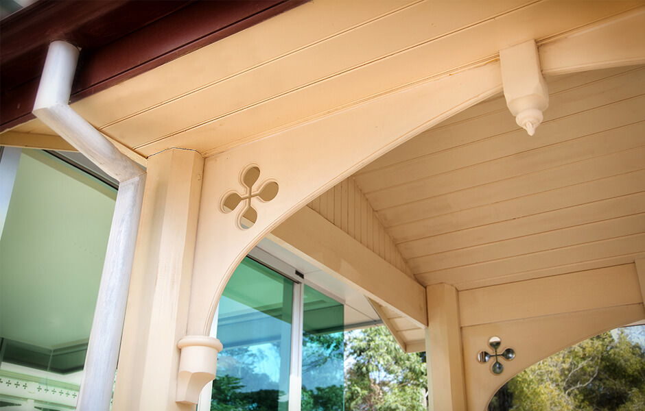 Timber corner bracket, at a verandah corner