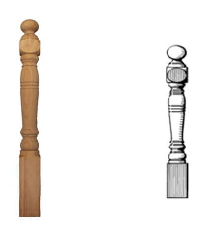 Turned timber dropper N5A - turned newel post beside its profile drawing