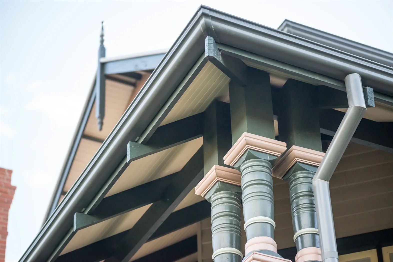 Timber gable finial, installed on a gable end