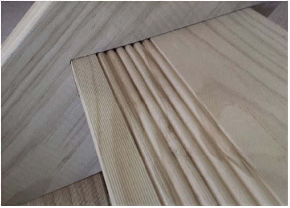 Close-up of a reeded timber stair tread and its square-edged nosing