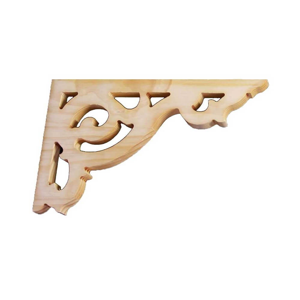 Corner bracket CB15 in pale timber, scrolled piercing, shown on white